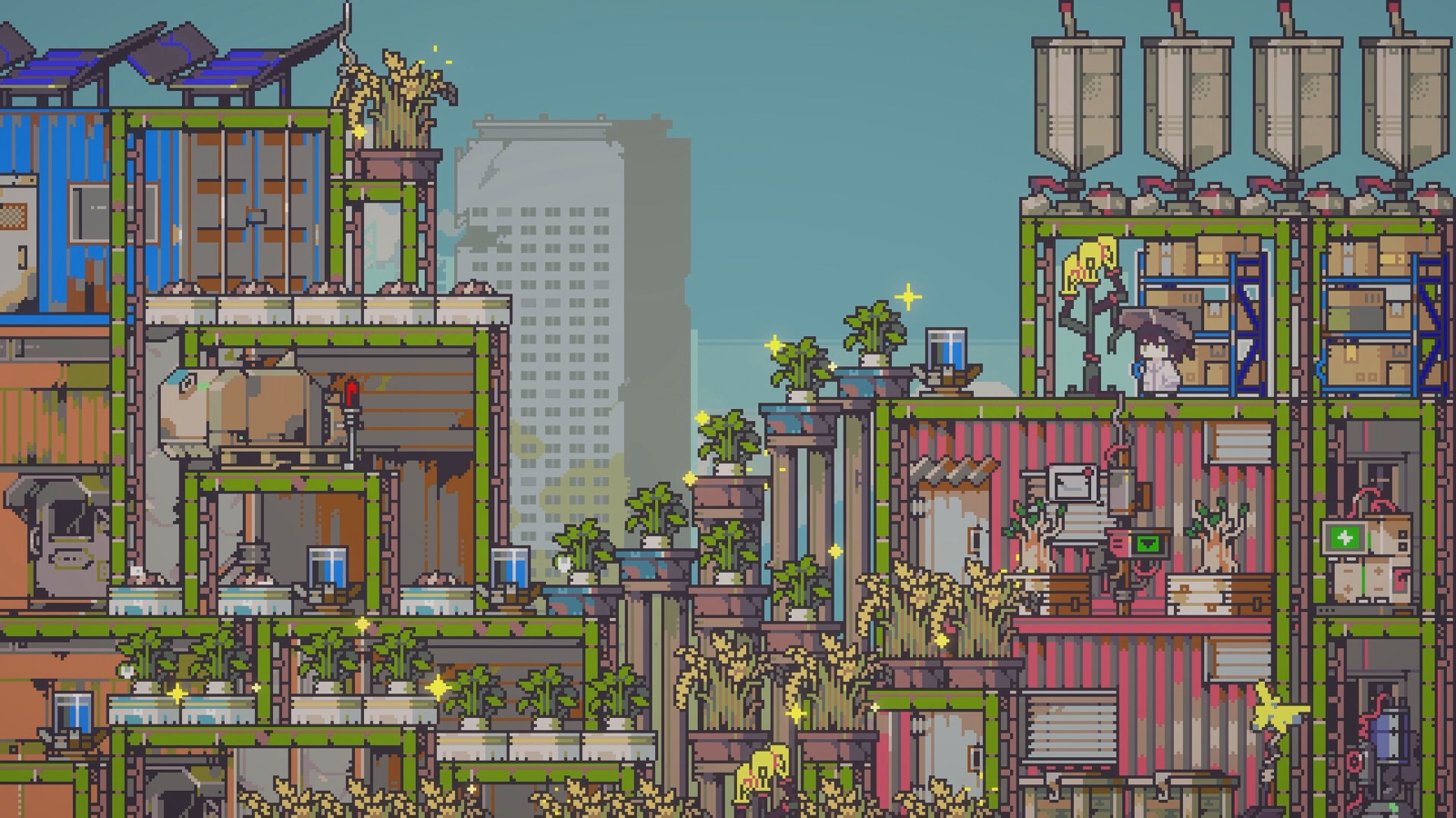 Official Doloc Town gameplay screenshot showing a vertical container farm